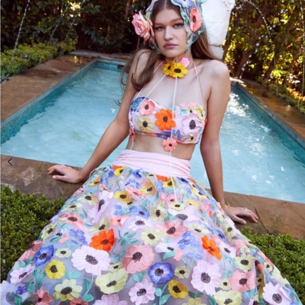 For Love And Lemons Multi Colored Embroided  Midi Skirt